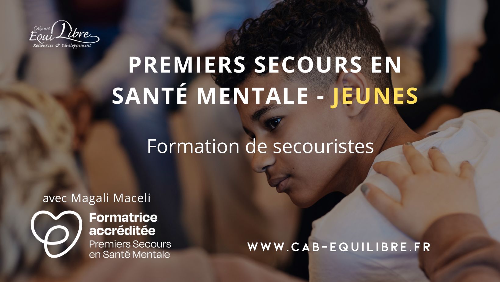 Formation PSSM Jeunes du Cabinet ÉquiLibre : un adolescent attentif et semblant en détresse, avec la main d’un adulte sur son épaule, illustrant l’importance du soutien en santé mentale.