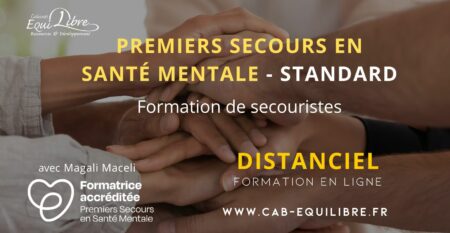 Illustration de la formation Premiers secours en santé mentale (PSSM) à distance du Cabinet ÉquiLibre : des mains superposées pour symboliser la solidarité et l’engagement citoyen autour de la santé mentale.